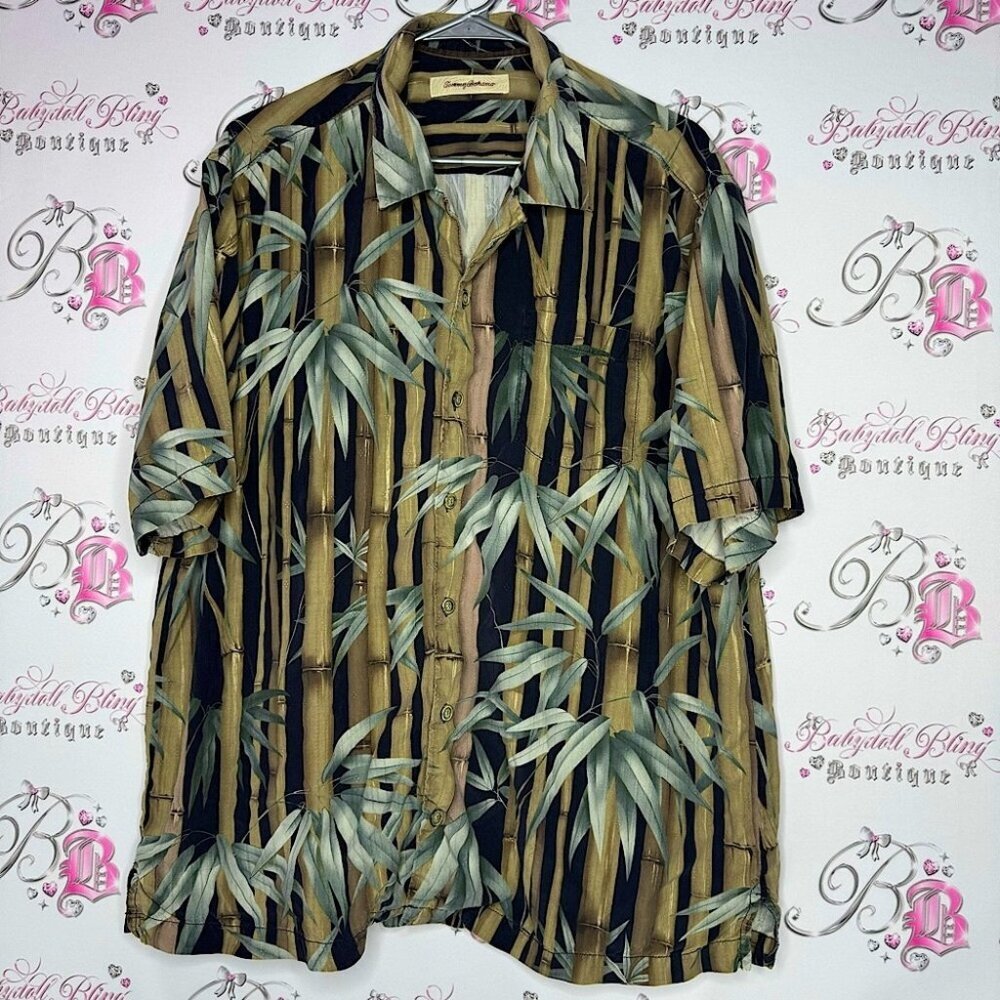 Tommy bahama button up shirt bamboo leaf trees tropical tiki vacation top tee